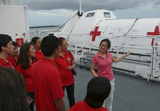 Touring the ship with interpreter Shania Wang