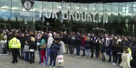 Crowds line up to enter the arena at the Barclays Center
