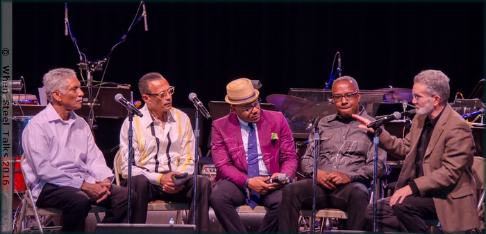 Pre-concert talk:  left to right - Frankie McIntosh, David "Happy" Williams, Etienne Charles, Garvin Blake, and host/moderator Ray Allen