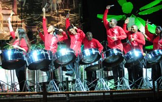 energetic: Members of Silver Stars Steel Orchestra at the Tobago Jazz Festival in Scarborough on Friday night