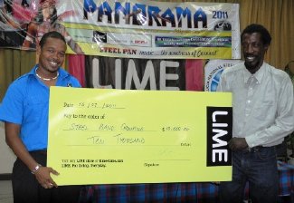 Lucius Alexander of the St Lucia Steelbands Assocation accepts the sponsorship cheque from LIME Corporate Communications Executive, Terry Finisterre