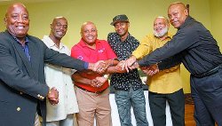 ENI Entertainment launched the Four Pillars of Steel at The Normandie, St Ann�s, on Wednesday. The event will feature four veteran steelbands in one concert on July 2. At the launch was promoter Junior Hutson, left, David Davis from Witco Desperadoes; Trevor Cooper from CAL Invaders; Oswald Goddard from Tokyo; Mark Superville from Neal & Massy Trinidad All Stars; and, Kenny Phillips from WACK FM Radio.