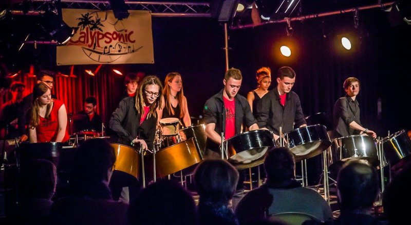 Justina Ploeger, extreme right, with Calypsonic Steel Orchestra